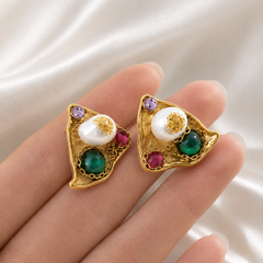 Artisan Gold-Tone Pearl & Multicolor Gem Statement Earrings