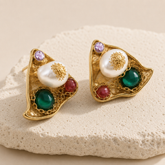Artisan Gold-Tone Pearl & Multicolor Gem Statement Earrings